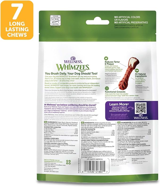 Wellness WHIMZEES Daily Brushzees Dog Dental Treats, Natural Chews, Medium Size Stick, (7 Count)
