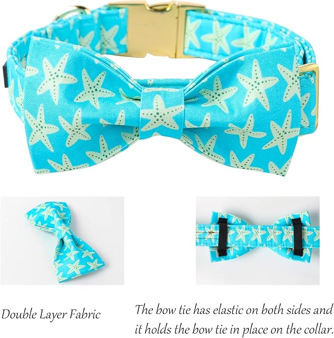 Lionet Paws Summer Dog Collar with Bowtie, Soft Comfortable Adjustable Cute Starfish Bowtie Collar for X-Large Dogs Male Female Gift, Neck 16-26 inches