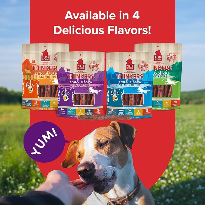 Plato Pet Treats Thinkers - Meat Stick Treats for Dogs - Limited Ingredient Dog Treats with EPA and DHA to Support Skin, Coat, and Brain - Air-Dried Dog Treats - Thinkers Lamb 18oz