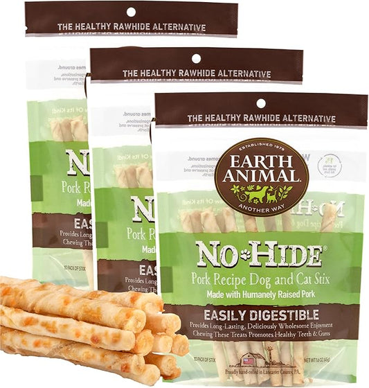 Earth Animal No Hide Stix Pork Flavored Natural Rawhide Free Dog Chews Long Lasting Chew Sticks | Treats for Small Dogs and Cats | Great for Aggressive Chewers (3 Pack)