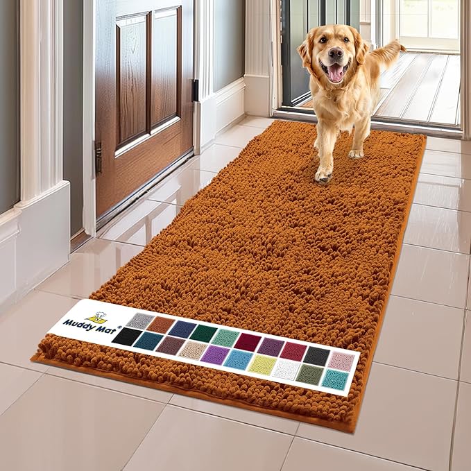 Muddy Mat® Shown on TV – Super Absorbent Microfiber Dog Door Mat for Muddy Paws, Non-Slip Washable Pet Rug, Quick Dry Chenille Entryway Carpet, Machine Washable Indoor Outdoor mat, Orange 59"x24"