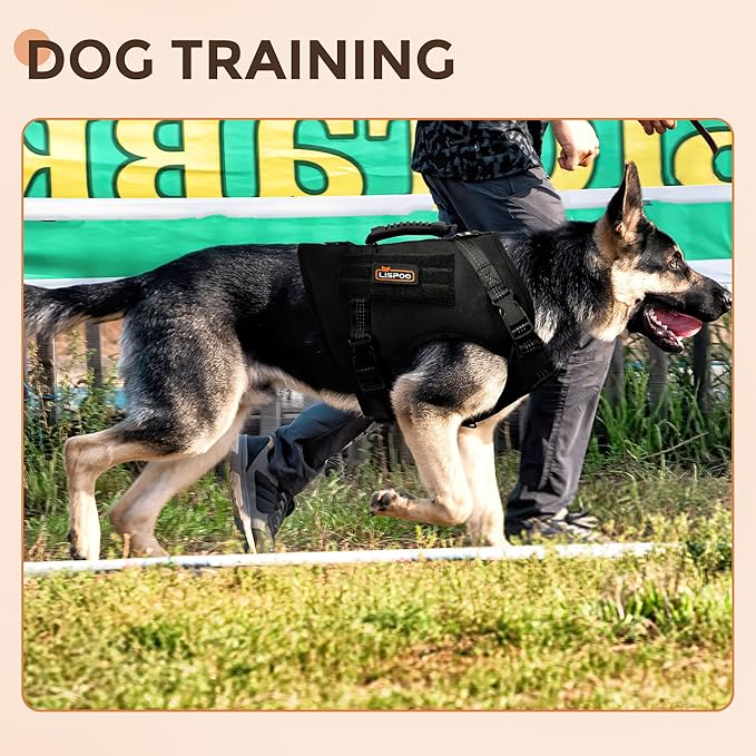 Tactical Dog Harness for Large Dogs, No Pull Adjustable Dog Harness with Water Bottle Bag and Pocket, Adjustable Reflective K9 Training Vests for Dogs for Training, Walking, Hiking M