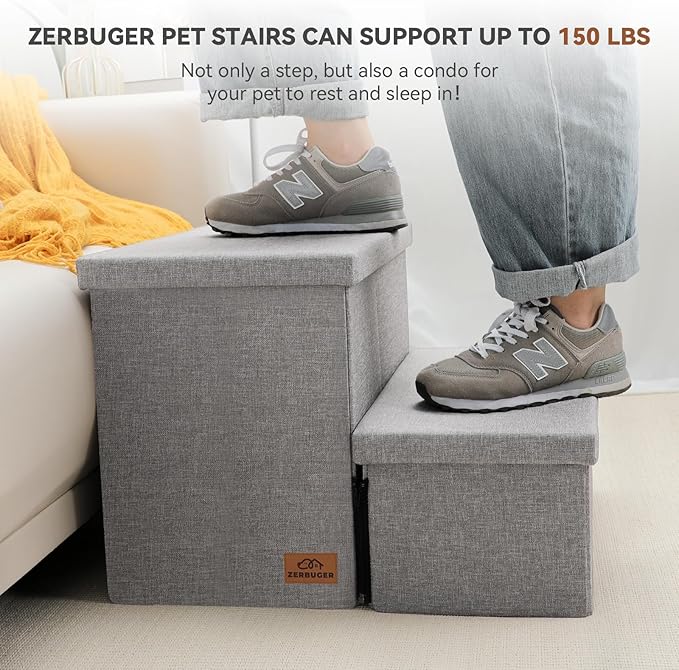 Dog Stairs with Storage 12" H, 2-Step Wider Dog Steps for Small/Medium/Large Dogs Cats, Folding Sturdy Pet Stairs Climbing Sofa Couch, Ramp for Car Hold Up to 150 lbs (Smok Grey, no Condo)