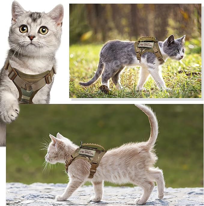 Tactical Cat Harness for Walking Escape Proof, Soft Mesh Adjustable Pet Vest Harness for Large Cat,Small Dog (L, Khaki)