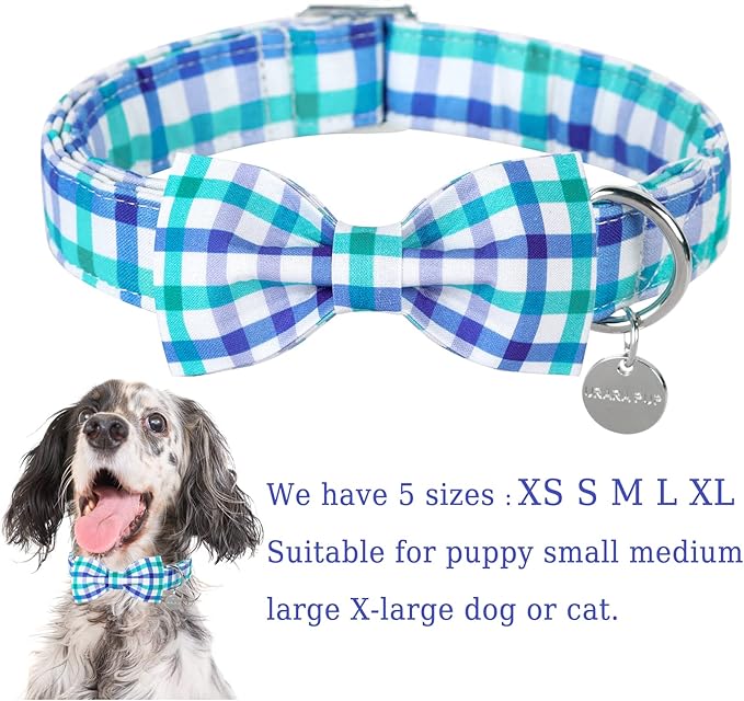 Dog Collar Bow Tie, Comfortable Durable Cotton Bowtie Collar for X-Large Girl Boy Dog, Adorable Dog Collar with Metal Buckle, Blue Grid Gift Collar, XL