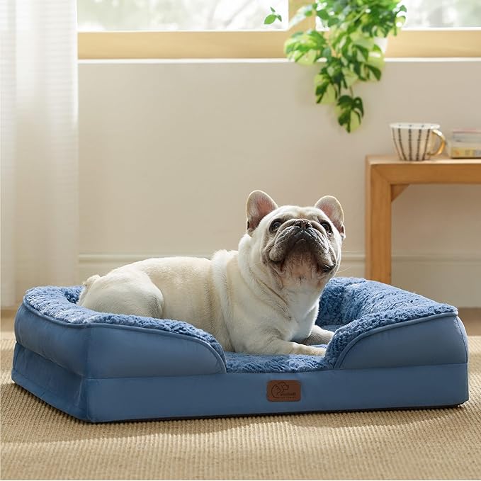 Bedsure Orthopedic Dog Bed for Medium Dogs - Calming Dog Sofa Beds Medium with Luxurious Plush Washable, Pet Couch Bed with Removable Washable Cover, Waterproof Lining and Nonskid Bottom, Blue