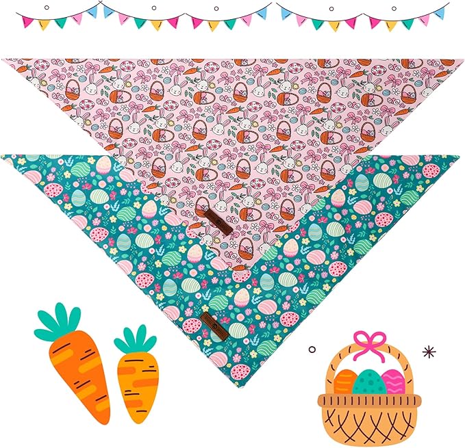 Lionet Paws Easter 2pcs Dog Bandanas, Pink Cute Rabbit Egss Dog Scarf Bib Premium Fabric, Happy Easter Green Bandanas for Medium Large Dogs Pets