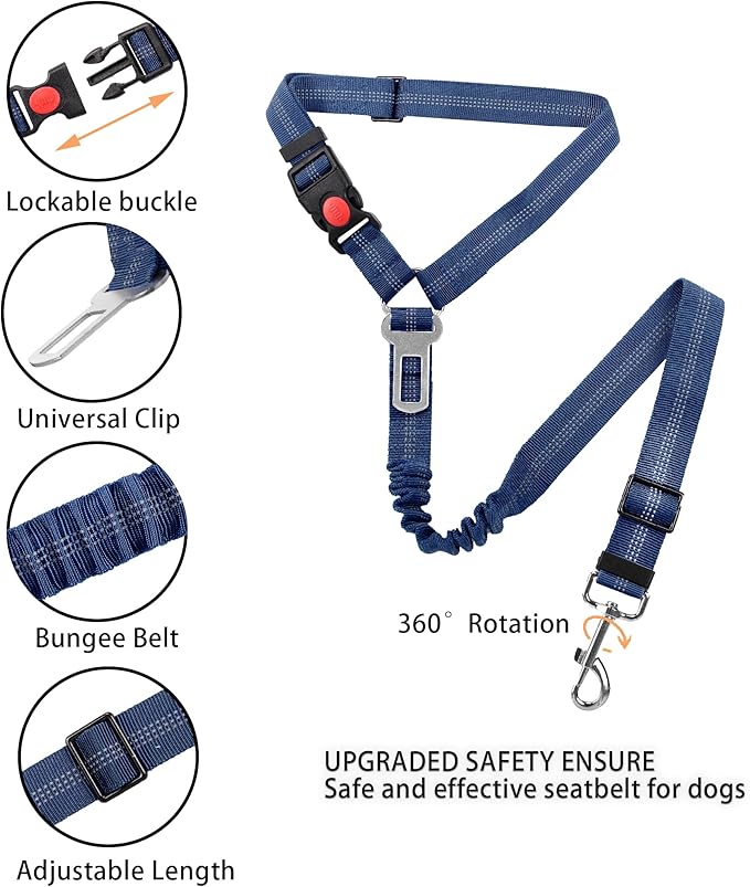 YAOHDAO Dog Seat Belt Harness for Car, Restraint Adjustable with Elastic Bungee Buffer Headrest for Vehicle, 360 Degree Swivel Nylon Pet Safety Seat Belts Heavy Duty Car Harness for Dogs (Blue)