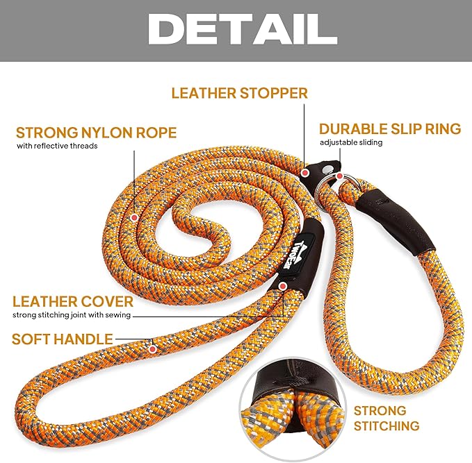 TwoEar Dog Leash Dog Slip Rope Leash 1/2" x 6FT Dog Training Leash Heavy Duty Strong Slip Lead Highly Reflective Threads for Small Medium and Large Dogs(Orange)