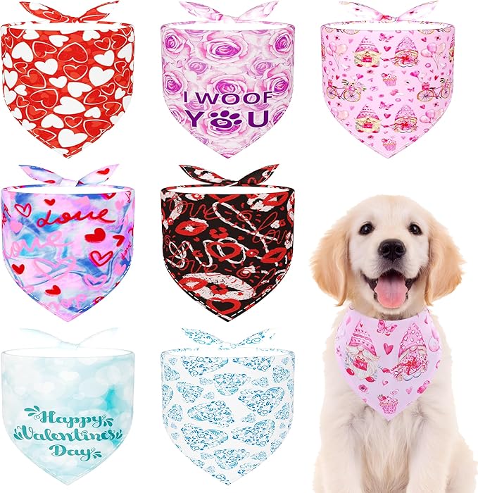 Valentine's Day Dog Bandanas for Small Medium Dogs Breed 25 Inch Heart Lip Rose Dog Bandanas Adjustable Dogs Scarves Grooming M 7 Pcs