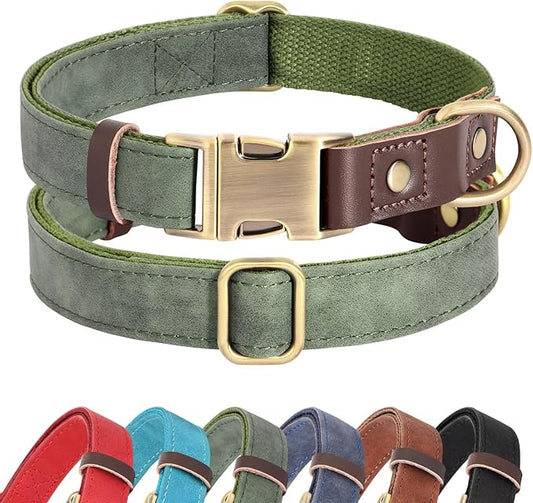 Didog Soft Padded Leather Dog Collar for Large Dogs,Classic Heavy Duty Dog Collars Adjustable with Quick Release Metal Buckle,Green,L Neck 15-23"