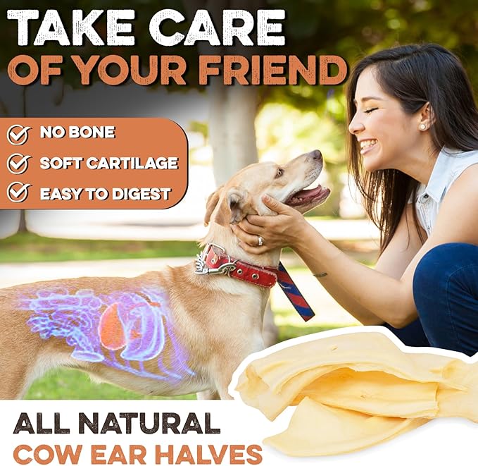 Premium Cow Ears For Dogs, Thick Cut & All-Natural Half Ears, 100% Grass Fed Beef, No Additives Or Hormones, Safe Rawhide Alternative, Great Dog Treat Alternative To Pig Ears, Bully Sticks, Dog Bones