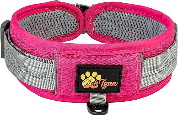 Durable 2-inch Adjustable Dog Collar for Large Dogs – Reflective, Heavy-Duty Metal Buckle, Comfortable Mesh Lining, Includes US Flag Patch and Versatile AirTag Holder (Pink, Large: Fit 18" - 23" Neck)