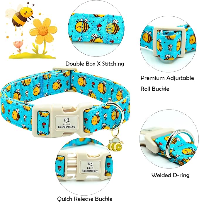 Lionheart glory Dog Collar, Bees Blue Dogs Collar Adjustable Soft Comfortable Collars for Large Dogs Girl or Boy Pet Gift Cute Spring Summer Collar
