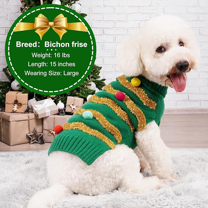 Cyeollo Christmas Sweater for Dogs - Turtleneck Glitter Holiday Clothes for Cold Weather Winter Pet Outfits