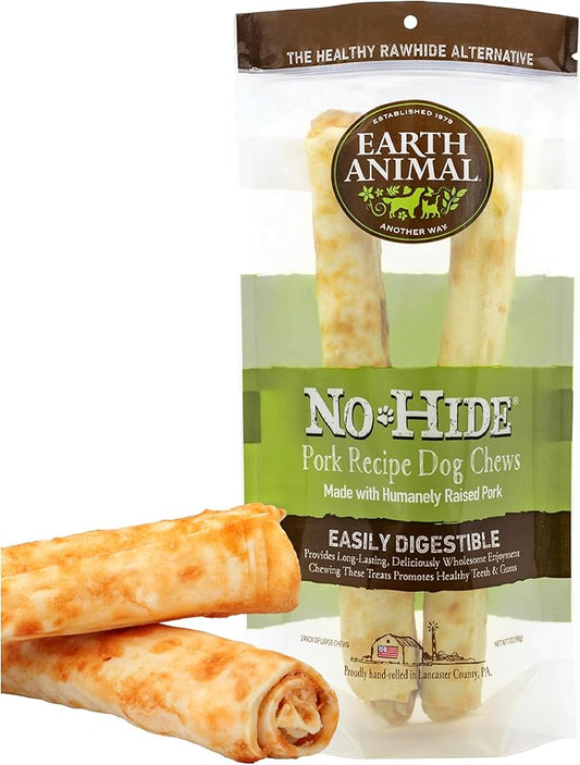 Earth Animal No Hide Large Pork Flavored Natural Rawhide Free Dog Chews Long Lasting Chew Sticks | Treats for Large Dogs | Great for Aggressive Chewers (1 Pack)