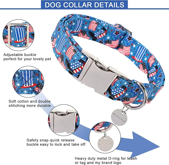 Patriotic Dog Collar, 4th of July Dog Collar, American Flag Collar for Puppy Boy Girl Dog or Cat, Comfortable Summer Collar with Metal Buckle, XS, Neck 8-12in, HatFlag CC