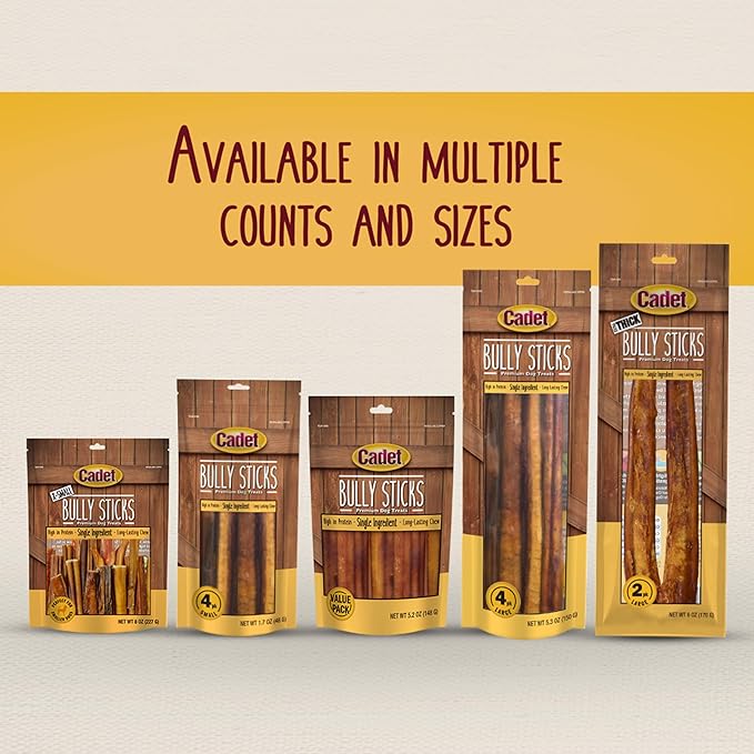 Cadet Bully Sticks for Small Dogs, All-Natural Beef Pizzle, Rawhide-Free Long-Lasting Dog Chews for Aggressive Chewers, 1 Pound