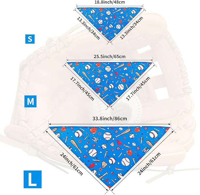 7 PCS Small Dog Bandanas Baseball 25 Inch Polyester Dog Bandana for Medium Cats Large Scarves Game Day Grooming M