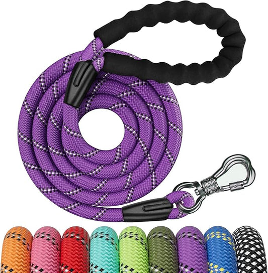 NTR 8FT Heavy Duty Dog Leash Purple Rope Dog Leash Swivel Lockable Hook and Comfortable Padded Handle Cat Puppy Leash Lead Small Medium Large Dogs Training Playing Camping,or Backyard 8ft*1/2Inch