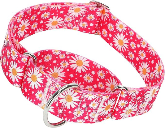 Martingale Dog Collar for Large/X-Large Dogs - Heavy Duty 1.5" Military Grade Nylon Collar with Red Daisy Floral Design, No-Slip Adjustable Training Collar Durable & Stylish (XL)