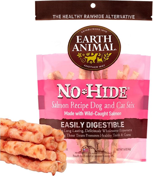 Earth Animal No Hide Stix Salmon Flavored Natural Rawhide Free Dog Chews Long Lasting Chew Sticks | Treats for Small Dogs and Cats | Great for Aggressive Chewers (1 Pack)