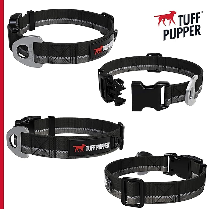 Tuff Pupper Heavy Duty Dog Collar | Reflective with Aluminum D-Ring Leash Clip | Separate Dog ID Tag Attachment | Easy Sizing for All Breeds