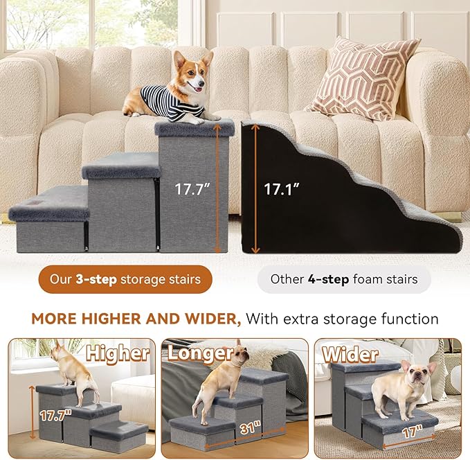 Dog Stairs with Furry Lids 18" H, 3-Step Wider Dog Steps with Storage for Small/Medium/Large Old Dogs Cats, Folding Sturdy Pet Stairs Climbing Bed Couch, Ramp for Car Hold Up to 200 lbs, Grey