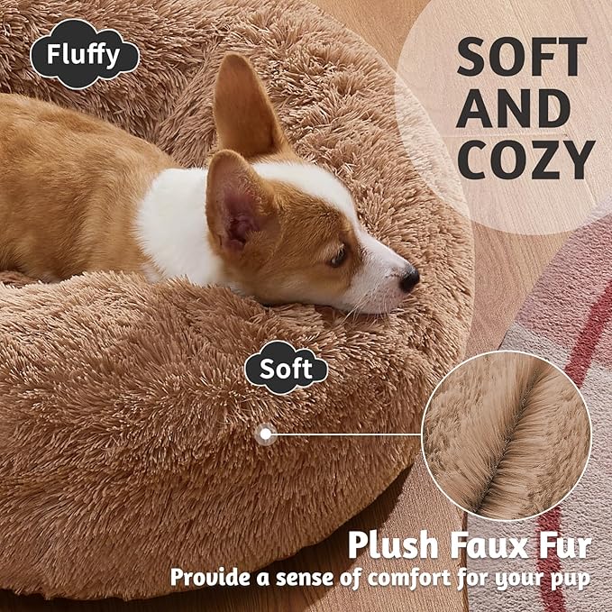 OhGeni Calming Donut Dog Bed Pillow for Small Medium Pets, Machine Washable Removable Cover, Comfort Plush Fluffy Faux Fur with Anti-Slip Bottom, Cats-Friendly Round Cuddly Design, Ocher, 23 inches