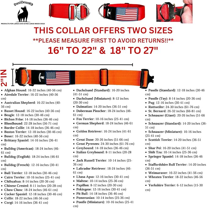Tactical Dog Collar 2 Inch Wide Thick Heavy Duty Military Style with Metal Buckle, Adjustable for Medium - Large Breeds, Durable K9 Training Gear with Patch Area, USA Flag Patch, Strong and Secure Fit