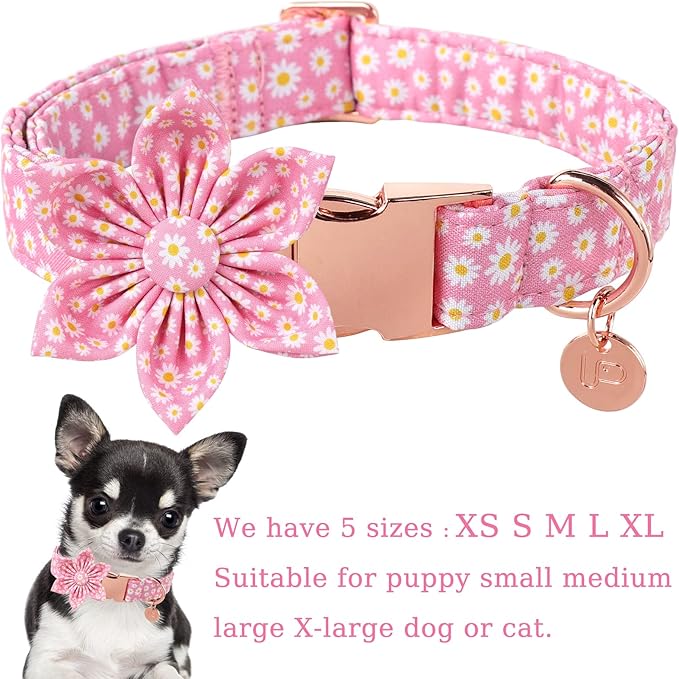 Summer Dog Collar with Flower, Cotton Cute Flower Dog Collar, Pink Flower Collar for Large Boy Girl Dog, Comfortable Blue Dog Collar with Metal Buckle, L