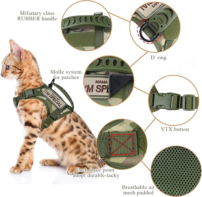 Tactical Cat Harness for Walking Escape Proof, Soft Mesh Adjustable Pet Vest Harness for Large Cat,Small Dog (L, A-Green)