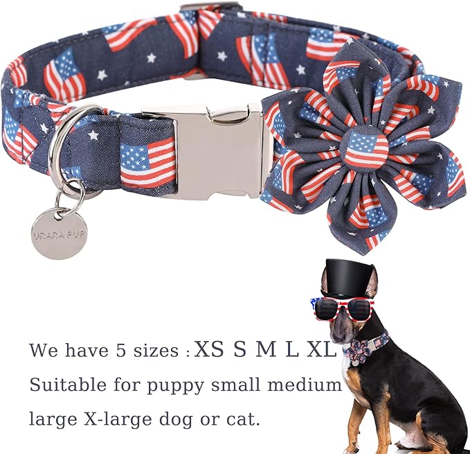 American Flag Dog Collar with Flower, 4th of July Comfortable Cotton Cute Dog Collar with Metal Buckle, Patriotic Flower Collar for Puppy Girl Boy Dog or Cat, XS