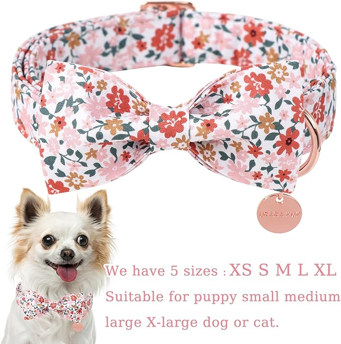 Dog Collar with Bow Tie,Flower Bow Dog Collar with Adjustable Buckle,Cotton Floral Puppy Collar for Small,Medium,Large Dogs