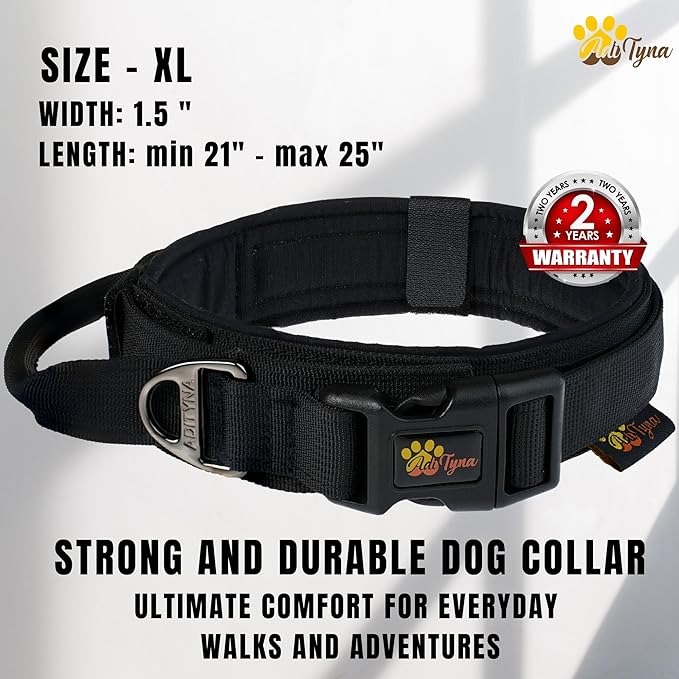 ADITYNA Tactical Dog Collar for Extra-Large Dogs - Soft Padded, Heavy Duty, Service, Adjustable Military K9 Black XL Collar with Handle for Training and Walking