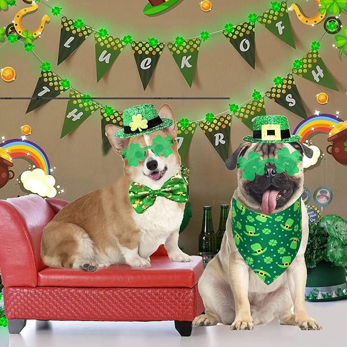 St Patrick's Day Dog Costume 3 Pcs Irish Leprechaun Green Tall Hat Pet Shamrock Sunglasses Bow Tie Kit for Large Dogs Saint Patricks Day Parties Dog Outfits (Large, Irish hat Bowtie Sunglasses)