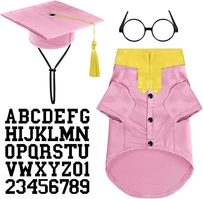 5 Pcs Dog Graduation Costume Set Include 2025 Pet Graduation Gown with Stole Puppy Grad Cap Lensless Glasses DIY Letter Stickers for Dogs Cats Holiday Costume Accessory(Pink Yellow,M)