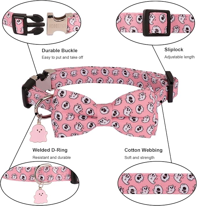 ADOGGYGO Halloween Dog Collar with Bowtie, Pink Ghost Pet Collars with Detachable Bow, Adjustable Pink Halloween Collars for Small Medium Large Dogs (Large)