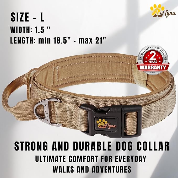 ADITYNA - Tactical Dog Collar for Large Dogs - Soft Padded, Heavy Duty, Adjustable Dog Collar with Handle for Training and Walking