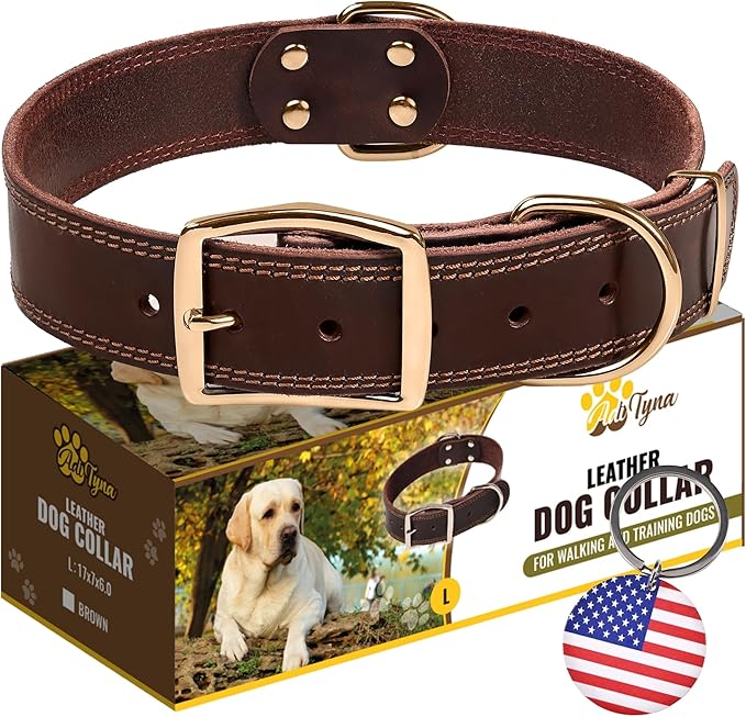ADITYNA Heavy Duty Leather Dog Collar - Soft and Strong Leather Collar for Large Breeds (Large: Fit 17" - 23" Neck, Brown - Gold Colored Buckle)