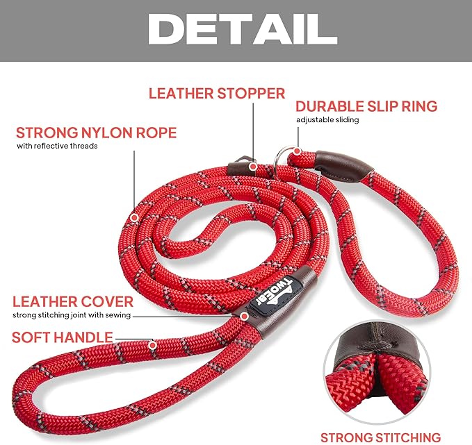 TwoEar Dog Slip Rope Leash - 1/2" x 6FT Heavy Duty Reflective Dog Training Leash for Small to Large Dogs (Red)