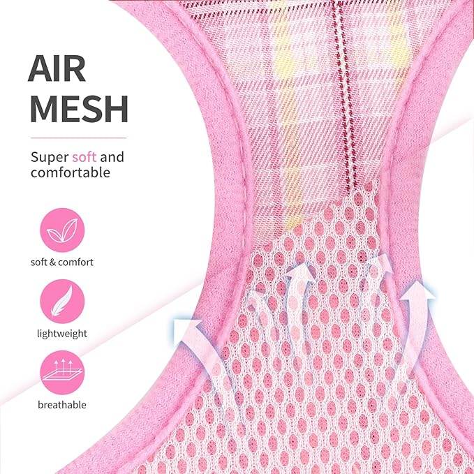 voopet Small Dog Harness and Leash Lightweight Cat Comfort Padded Soft Mesh Vest Step in Dog Harness No Pull No Choke Reflective Small Plaid Girl & Boy Puppy Kitty Walking Harness, Pink L
