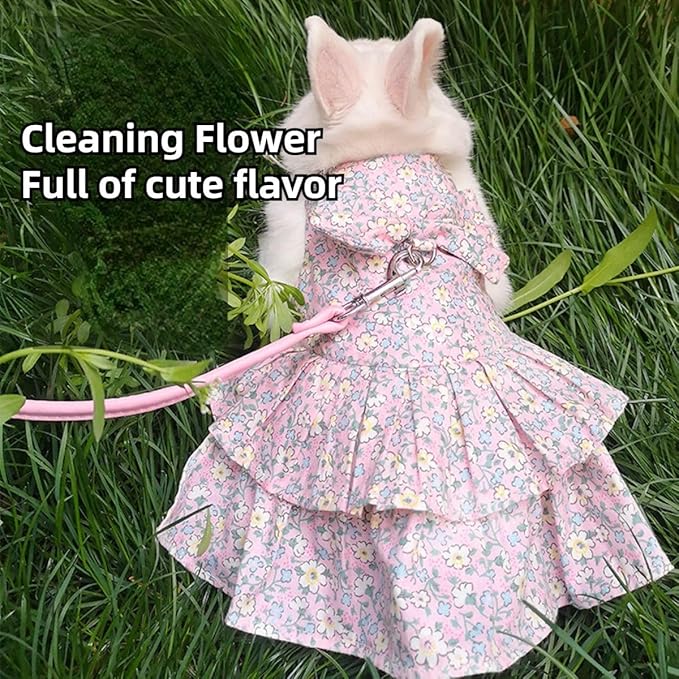 Rabbit Leash and Harness Set Adjustable Bunny Dress Rabbit Clothes Outfit for Small Pet Ferret Guinea Pig Squirrel Hamster (Yellow,L)