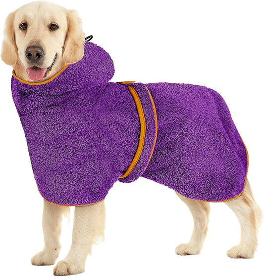 Bienbee Soft Dog Bathrobe,Super Absorbent & Quick-Drying Dog Robe with Hood, Cozy Drying Coat for After Bath, Purple L