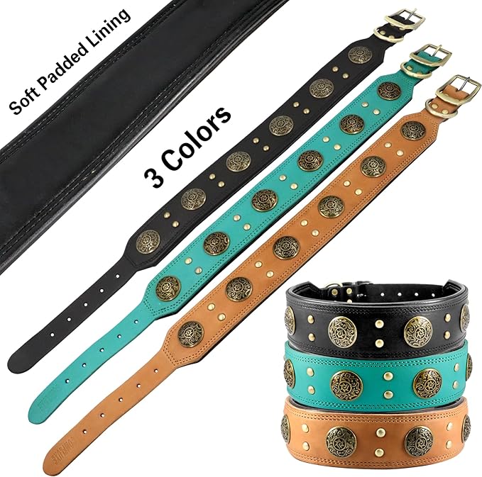 Leather Dog Collar for Large Dogs, 2" Wide Durable Thick Strong Genuine Leather Spike Dog Collar with Metal Buckle, Padded Collar with Studded Design for Large & XL Breeds (Black,L,XL)