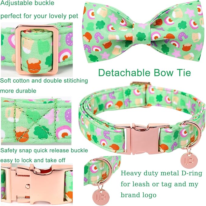 St. Patrick's Dog Collar with Bow Tie, Cotton St. Patrick's Bowtie Collar for Girl Boy Dog, Lucky Shamrock Dog Collar with Metal Buckle, Green, Spring, S
