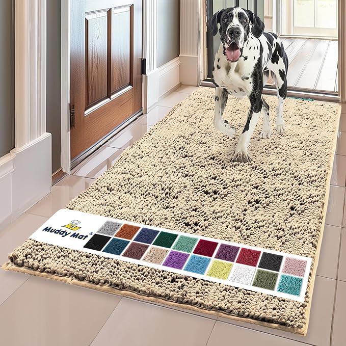 Muddy Mat® Shown on TV – Super Absorbent Microfiber Dog Door Mat for Muddy Paws, Non-Slip Washable Pet Rug, Quick Dry Chenille Entryway Carpet, Machine Washable Indoor Outdoor mat, Beige 59"x35"