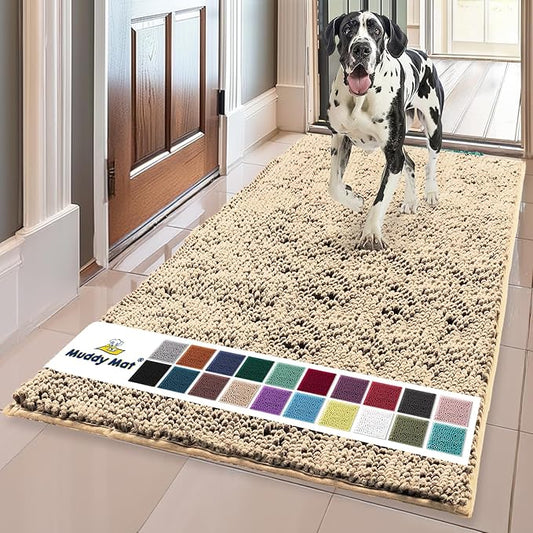 Muddy Mat® Shown on TV – Super Absorbent Microfiber Dog Door Mat for Muddy Paws, Non-Slip Washable Pet Rug, Quick Dry Chenille Entryway Carpet, Machine Washable Indoor Outdoor mat, Beige 59"x35"
