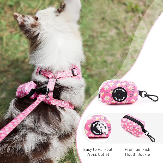 QQPETS Dog Harness Collar Leash with Poop Bag Holder 4 PCS Set, Adjustable No Pull Soft Mesh Padded Vest for Small Medium Large Pet Puppy Outdoor Walking (Daisy Pink, L (Chest 22.4”-32.6”))