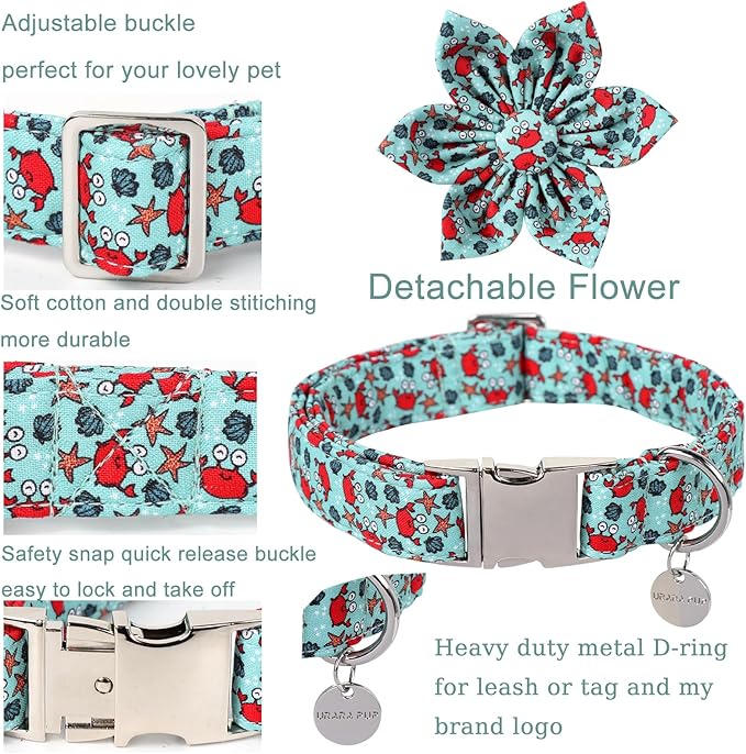 Summer Dog Collar with Flower, Lovely Crab Pattern Dog Bowtie Collar, Detachable Flower Bow Puppy Collar with Adjustable Metal Buckle for Dog and Cats, S